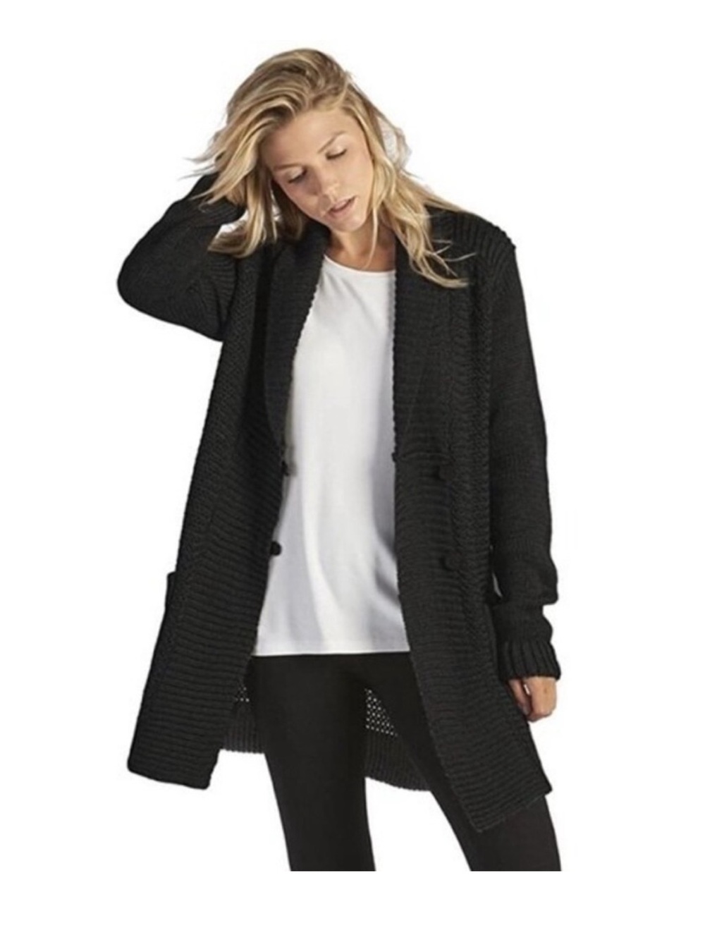 UGG Women’s Lillie Black Longline button-front cable knit cardigan sweater XL